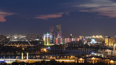 从屋顶俯瞰城市中心和中央商务区的桥和河流，哈萨克斯坦，阿斯塔纳