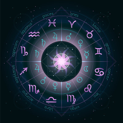 插图与星象圈，黄道十二宫符号和象形星象行星在星空背景与几何图案。
