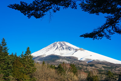 在水津冢公园，我欣赏着富士山在冬季渐近的景色。