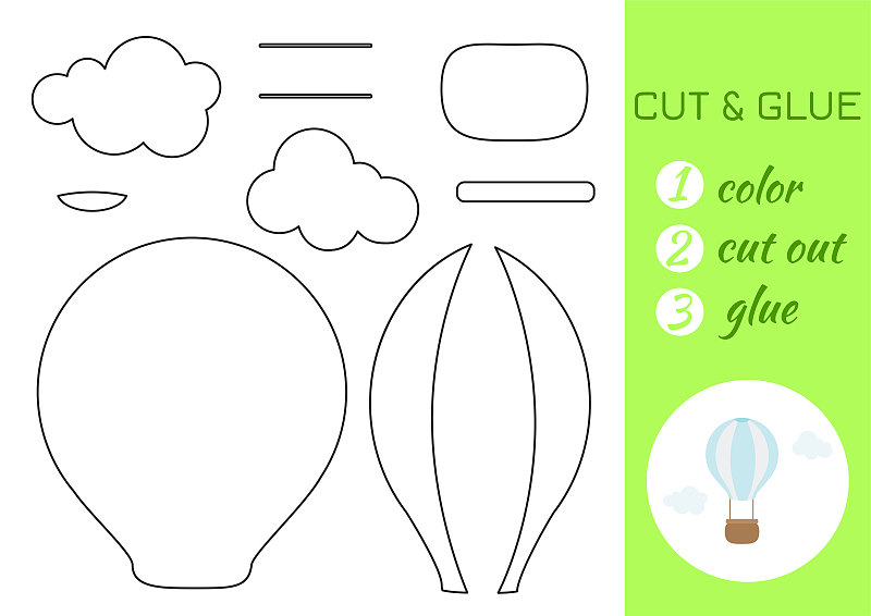 彩色、剪切和粘纸热气球。剪切和粘贴工艺活动页面。学龄前儿童的教育游戏。DIY工作表。幼儿逻辑游戏，活