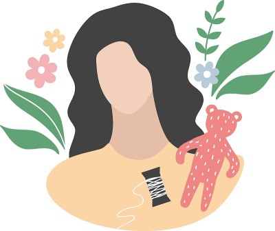 可爱的年轻女子与她的职业目标:手工制作的泰迪熊。