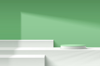 抽象的3D白色几何基座或讲台与粉彩绿色最小的墙壁场景的阴影。面向化妆品展示展示的现代矢量渲染几何平台
