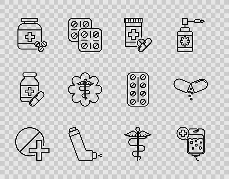 设线药丸或片剂、静脉输液袋、药瓶及丸剂、吸入器、急救星医药符号、墨杖蛇杖、图标等。向量