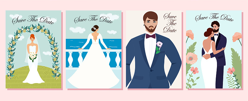 Collection of wedding cards. Wedding couple in lov