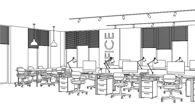 Openspace. Linear sketch of the interior. 3D rende