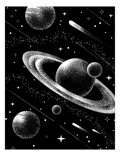 老式的太空海报上有航天飞机、宇航员、行星和星星。空间的主题。单色的风格。Dotwork。高细节。航天