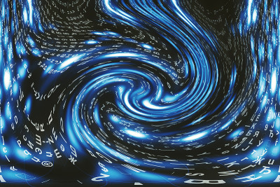 蓝色矩阵数字背景。扭曲的网络空间的概念。人物落入虫洞。入侵矩阵。虚拟现实设计。复杂的算法数据黑客。青