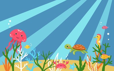 珊瑚礁海床和海洋动物-水母，海龟，海马，螃蟹，鱼类和藻类