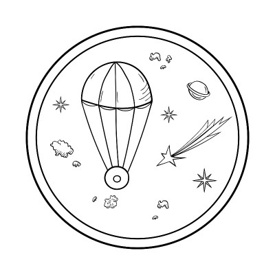 登陆舱，星星和小行星。涂鸦风格的太空物体。