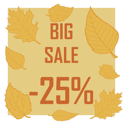 25%的折扣，周围是褐色的秋叶。秋天卖，卖，便宜