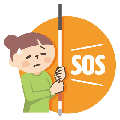 一名女子手持一根白色手杖并显示SOS的插图