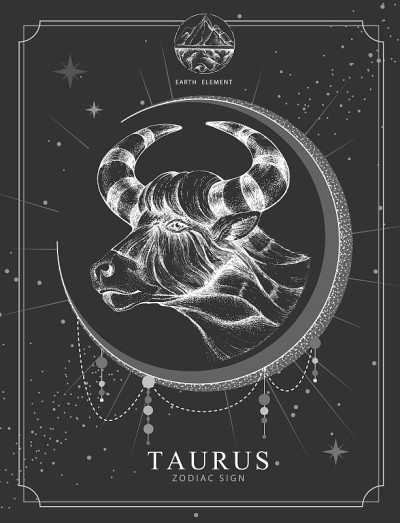 现代魔法魔法卡与金牛星座。写实的手绘公牛头