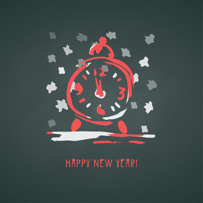 手绘的圣诞和新年贺卡与节日图标符号钟和书法问候题词。绿色黑板背景复古风格，墨笔素描。