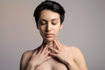 亚洲女性头部有手术痕迹或按摩纹，抗衰老治疗概念