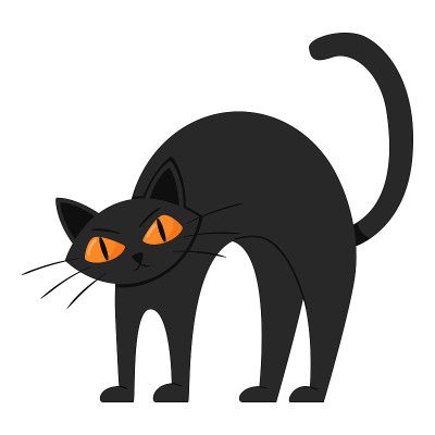 一只生气的、皱着眉头的黑猫弓起了背。平的卡通风格
