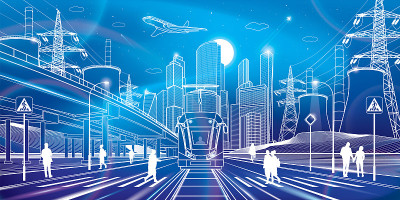 宽阔的公路。现代夜晚霓虹灯小镇。城市能源系统。有轨电车。汽车天桥。人们走在街上。基础设施概述插图，城