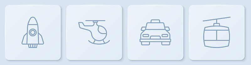 火箭船，出租车，直升机和电缆。白色正方形按钮。向量
