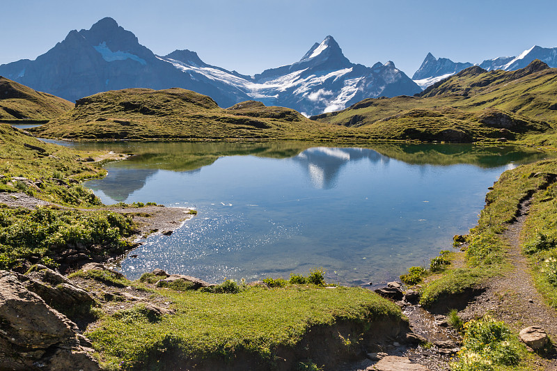 伯尔尼阿尔卑斯山的Schreckhorn, Jungfrau和Wetterhorn峰反射在Bacha