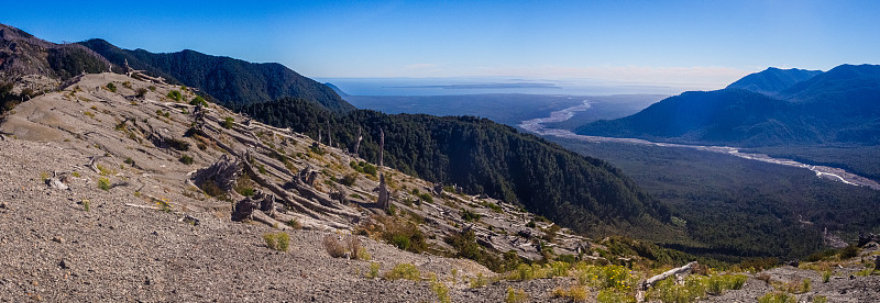 智利巴塔哥尼亚Chaiten火山山顶全景。死树的细节是因为火山的爆发。死树