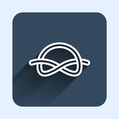白色线航海绳结图标孤立与长阴影背景。绳子打了个结。蓝色方块按钮。向量