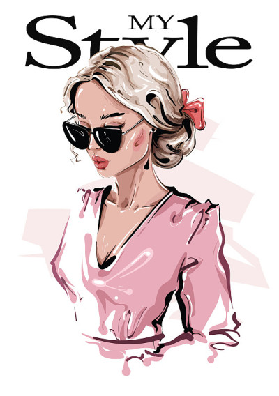 Hand drawn beautiful young woman in sunglasses. St