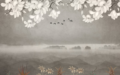 3d花卉壁画壁纸与浅简单的背景。花、草、鸟、山的枝干。
现代艺术墙壁家庭装饰