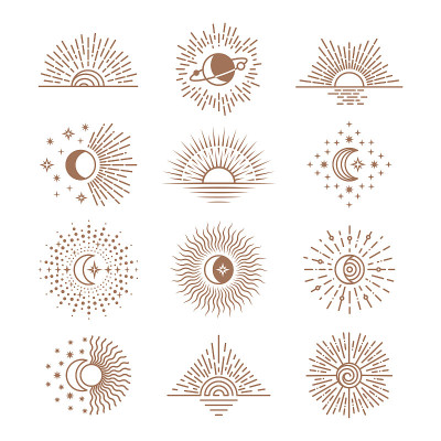 线月亮和太阳。画土星，恒星，波西米亚风格的卫星阶段。宇宙轮廓艺术，新月和天文符号，神秘炼金术整齐的向