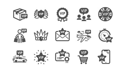Vip图标集。证书，赌场筹码，快递包裹。非常重要的人，玩家桌，vip买家。向量