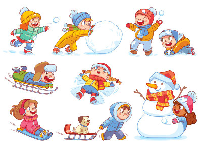孩子们在外面打雪仗，从雪道上滑雪橇。孩子们在冬天在户外玩耍。集