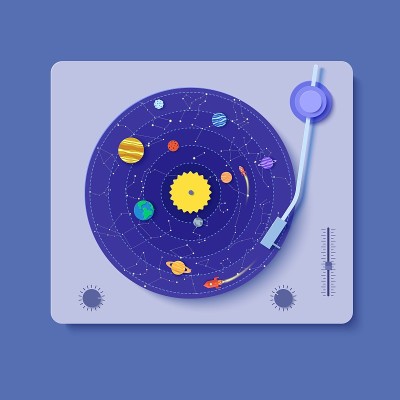留声机与蓝色黑胶唱片在剪纸风格。星座火箭和太阳系行星的3d插图。土星、木星、金星、太阳、海王星和银河