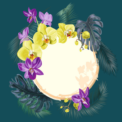 热带圆形框架与花束黄色，紫色兰花(蝴蝶兰，石斛)，花，芽，绿色棕榈，竹，怪物叶在黑暗的背景，数字绘制