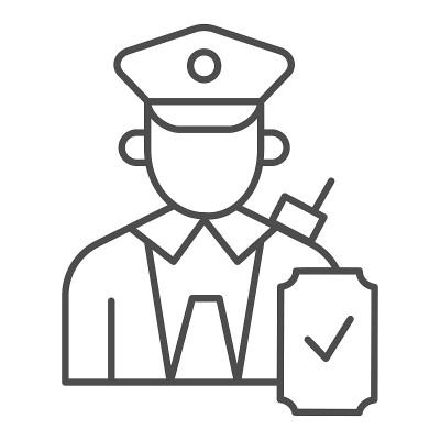 人在制服与检查标记细线图标，公共交通概念，铁路工人标志在白色背景，火车列车长图标在轮廓风格的移动，网