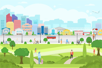 矢量海报与城市的观点。城市公园与人。有着摩天大楼、道路和树木的现代城市。