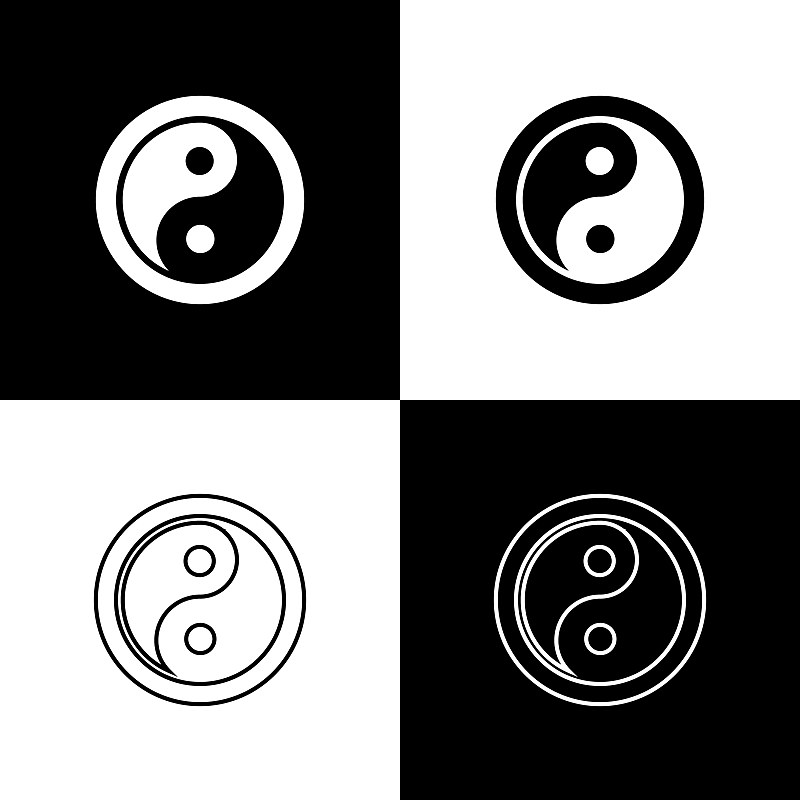 设置阴阳符号的和谐和平衡图标孤立在黑白背景。向量