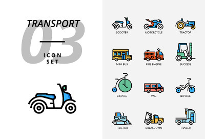 图标包运输，滑板车，摩托车，拖拉机，小型公共汽车，消防车，成功，自行车，货车，拖拉机，故障，拖车。