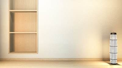 搁板墙在现代空房日式禅宗风格，极简设计。三维渲染