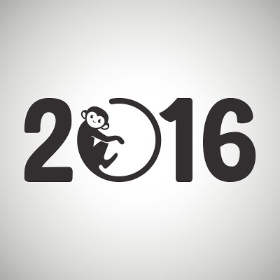 可爱的新年明信片，猴年，2016年