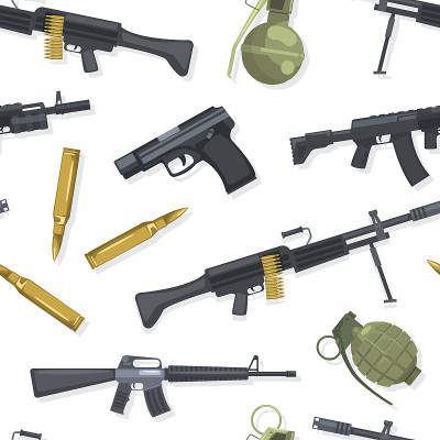 军用武器无缝模式，作战军队武器物体织物，墙纸，包装纸，背景设计平面矢量插图