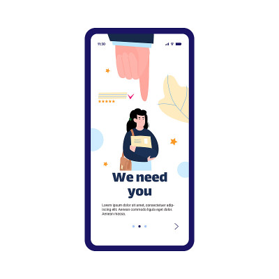 Mobile page template to hire and recruit, cartoon 