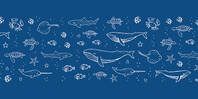 Hand drawn marine animals on blue background. Vect