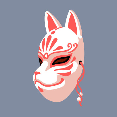 white traditional Japanese kitsune mask with red p