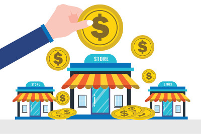 商人把一美元硬币放进商店