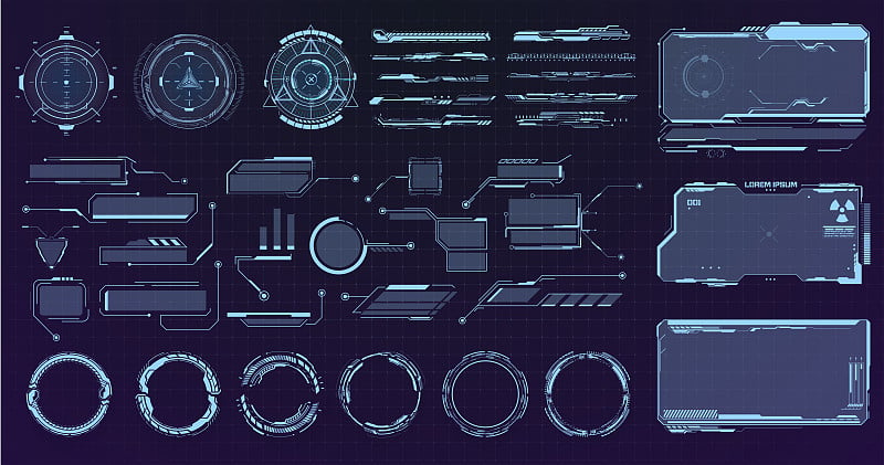 科幻未来hud仪表盘显示虚拟现实技术屏幕。未来的帧。赛博朋克HUD方形屏幕，标注，标题和雷达。为游戏