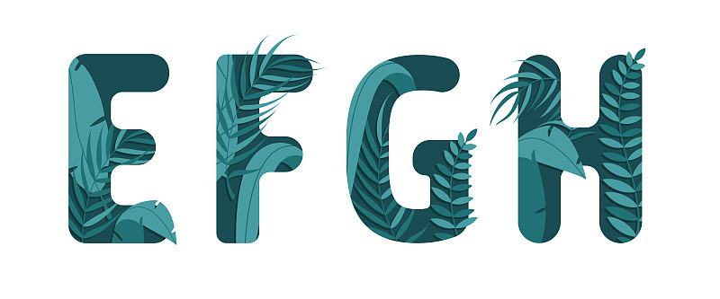 矢量字母E F G H的字母表。叶的设计。