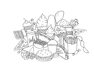 大套手绘快餐涂鸦。黑白手绘水墨插画