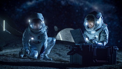 两名宇航员在外星收集岩石和土壤样本。太空旅行与探索，寻找宜居星球，殖民概念。