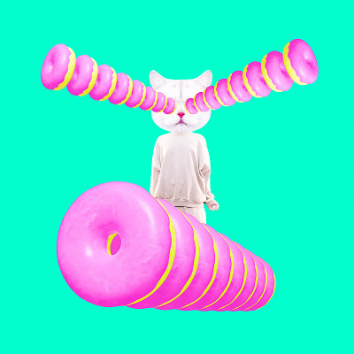 时尚的猫的性格。概念上的最小的拼贴画。甜甜圈上瘾。