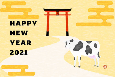 新年贺卡明信片模板2021牛年，形象牛的第一年神殿和神的信使