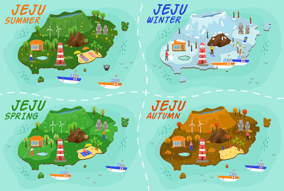 济州岛旅游地图。欢迎春夏秋冬来济州岛游玩