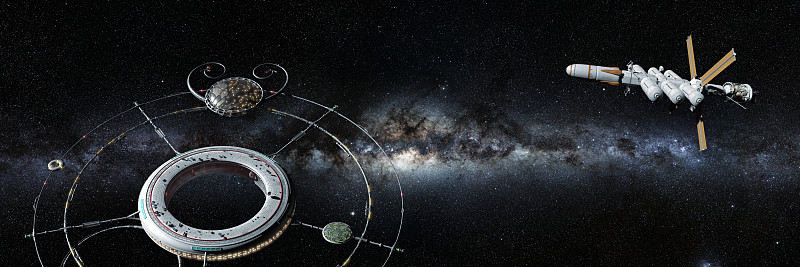 巨大的空间站，外太空未来主义的栖息地，被一艘宇宙飞船接近